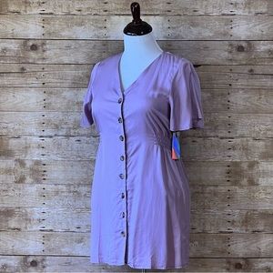 Iris Lavender Purple Button Front Mini Dress V-Neck‎ Waist Flutter Sleeve L